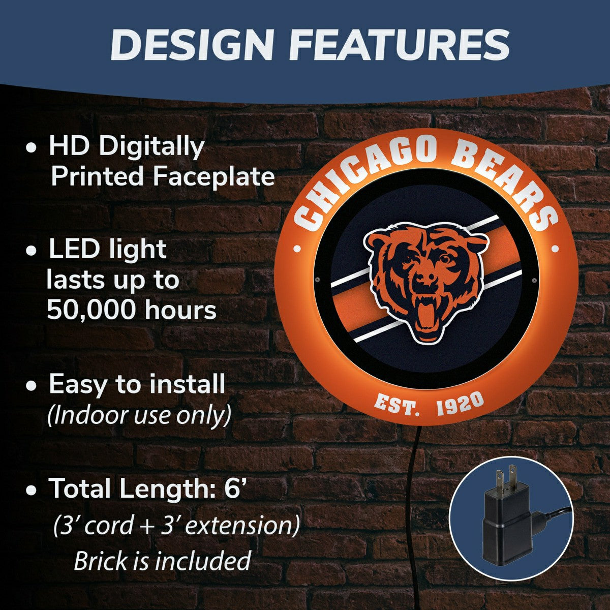 Chicago Bears, Metal Lite, Round, NFL