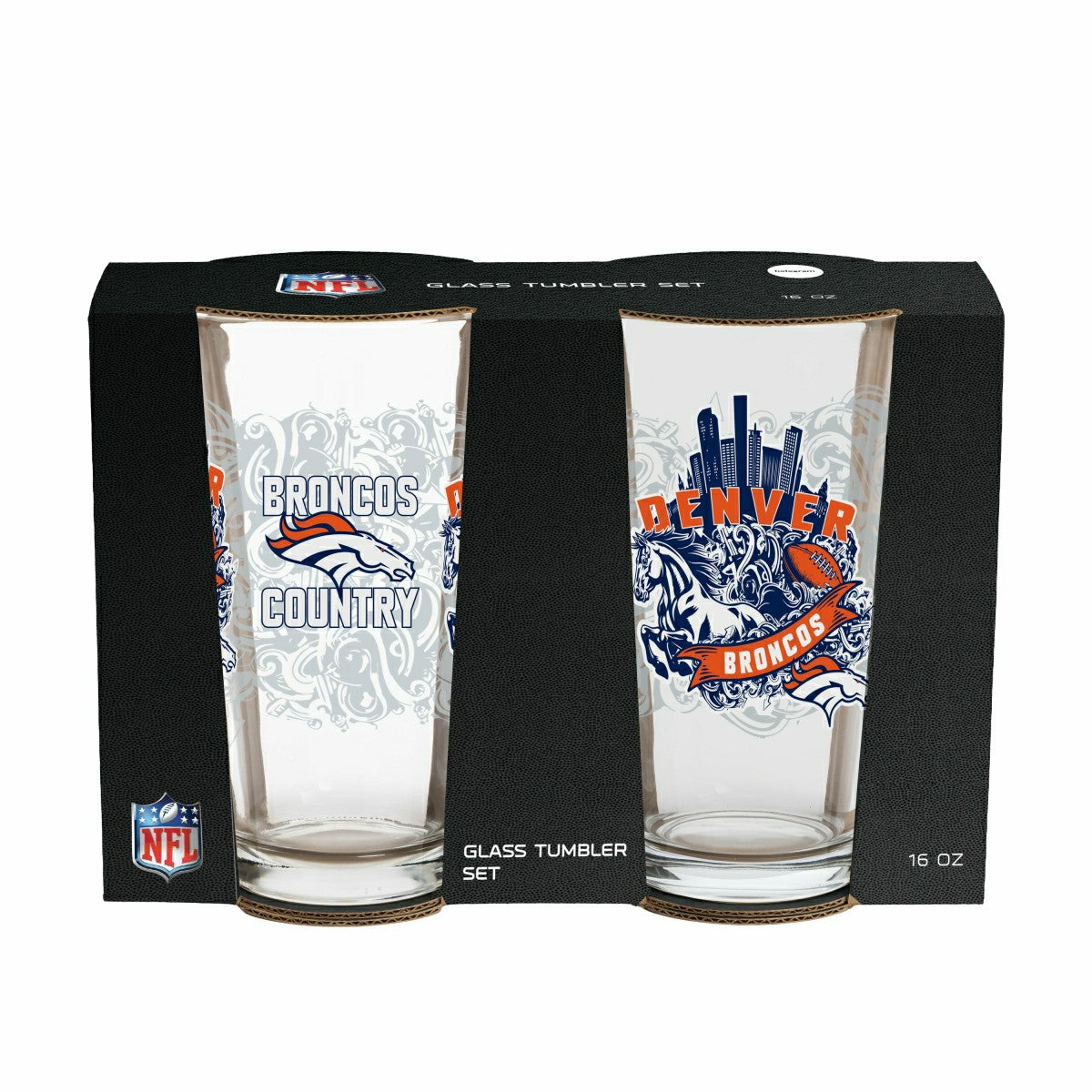 Denver Broncos 16oz Glass pint, Set of 2, NFL, Home