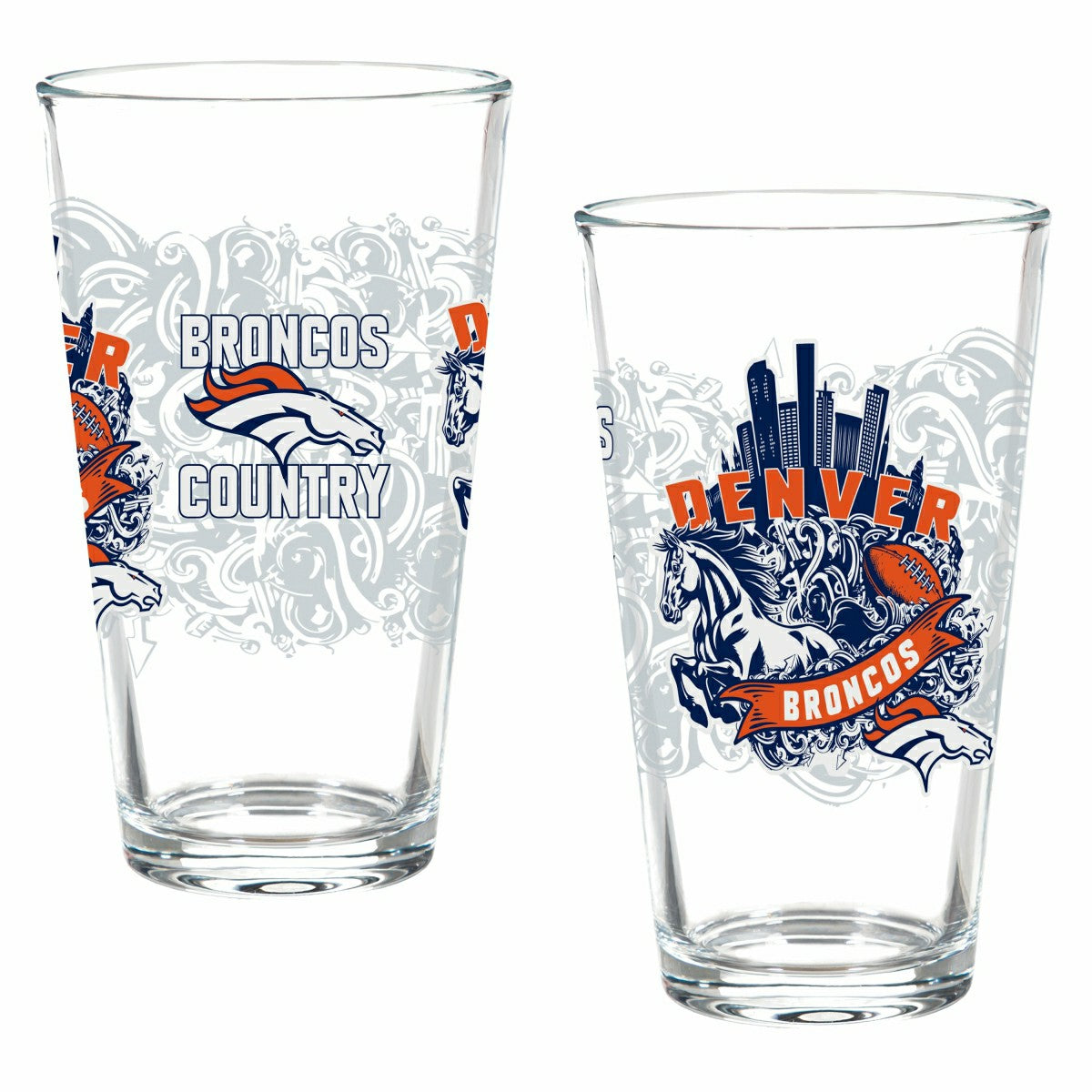 Denver Broncos 16oz Glass pint, Set of 2, NFL, Home