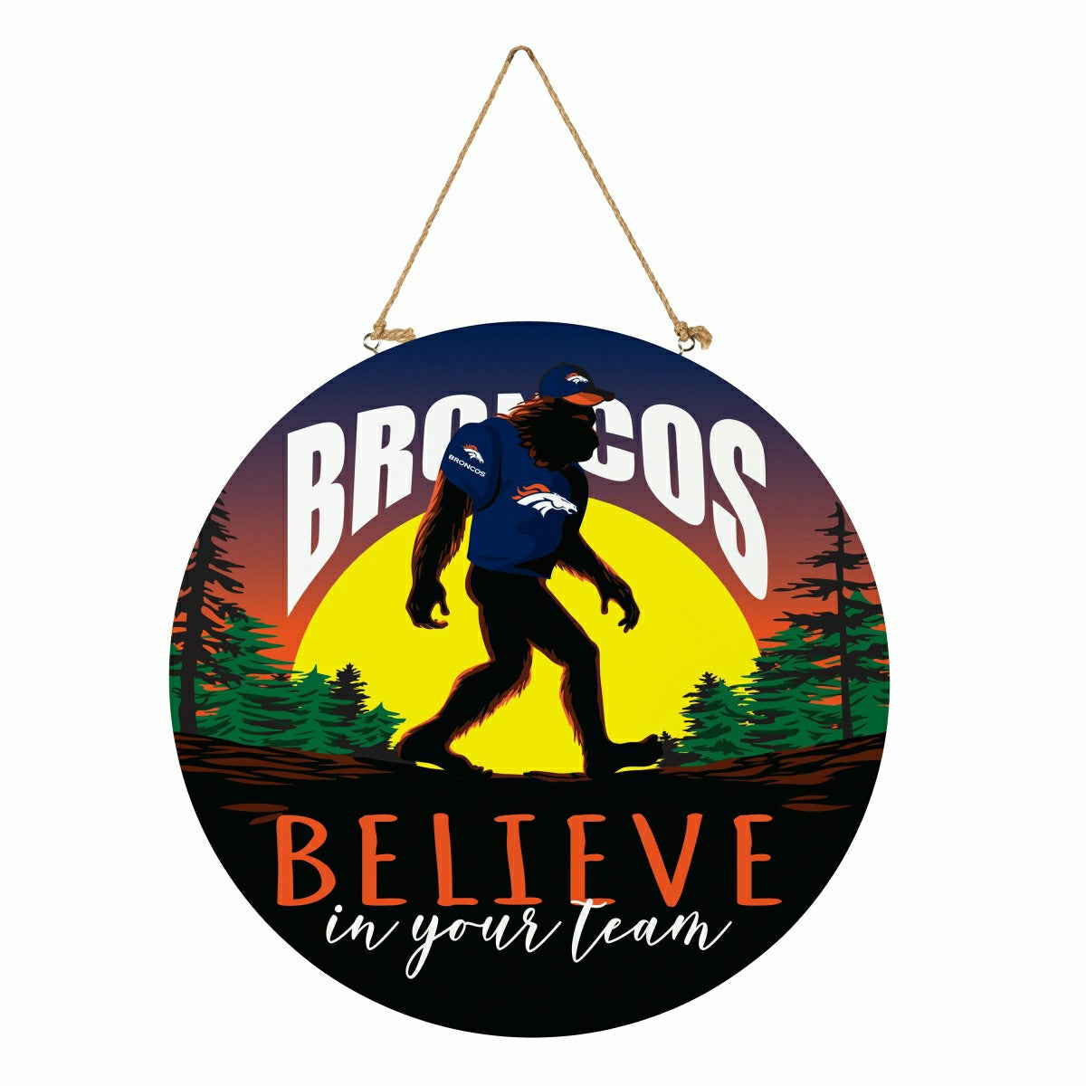 Denver Broncos Bigfoot Round Door Décor with Hanging Rope, 18x18, NFL, Home