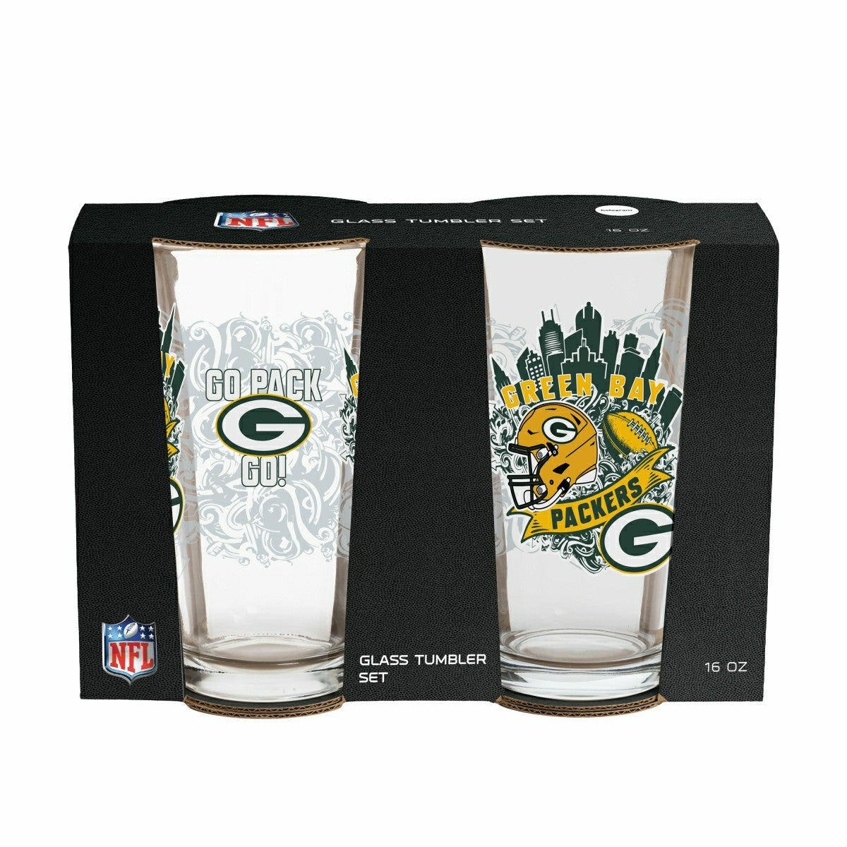 Green Bay Packers 16oz Glass pint, Set of 2, NFL, Home