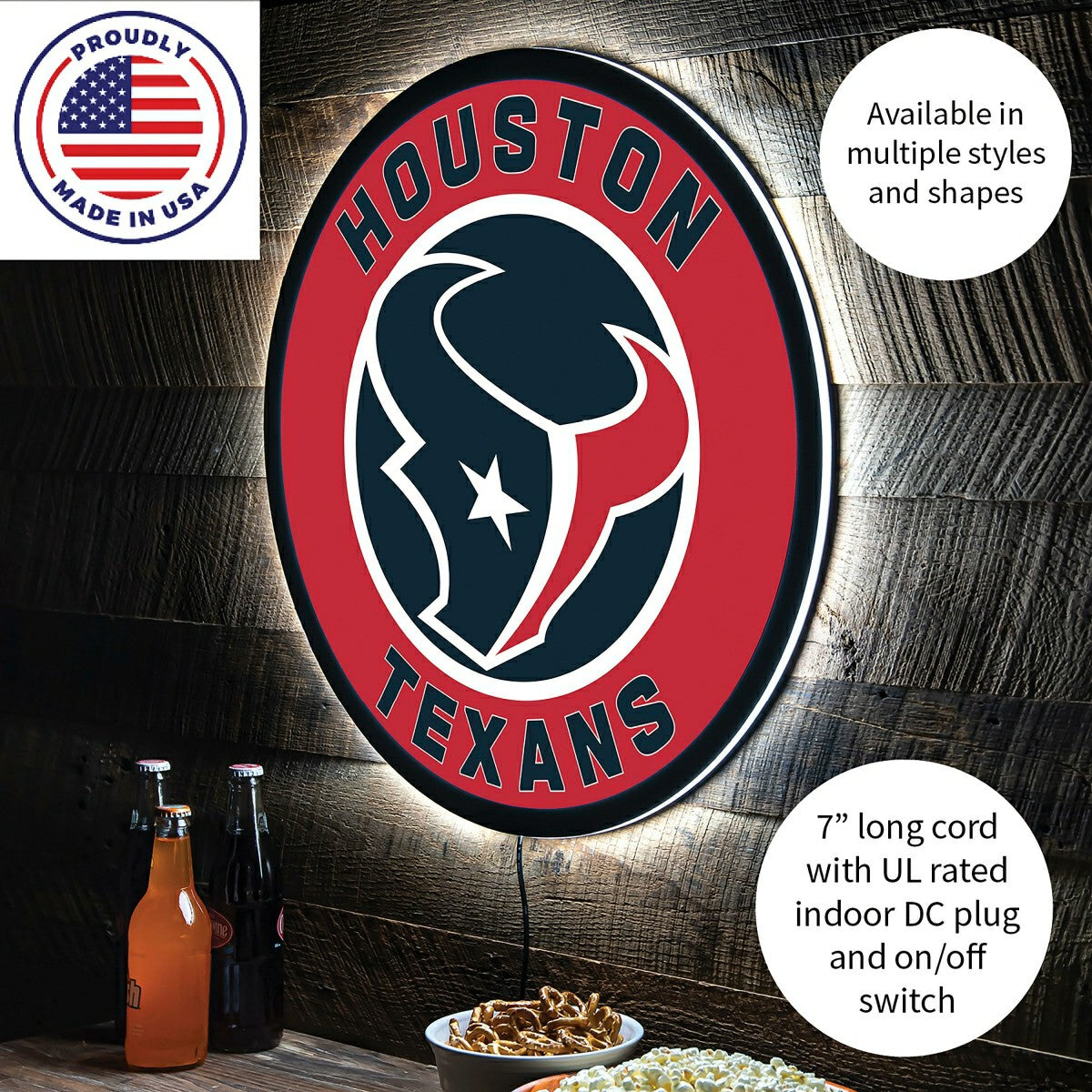 LED Wall Decor, Round, Houston Texans, NFL, Home