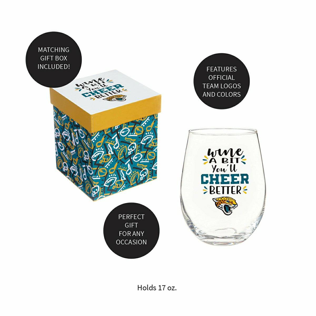 Jacksonville Jaguars, 17oz Boxed Stemless Wine, NFL, Home