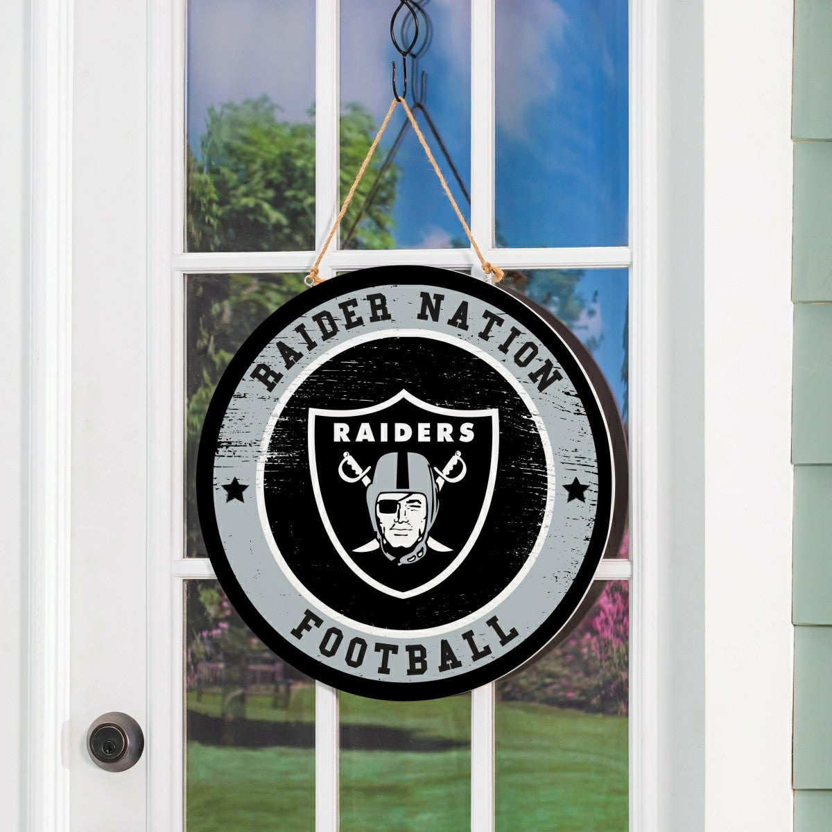 Las Vegas Raiders Round Door Décor with Hanging Rope, 18x18, NFL, Home