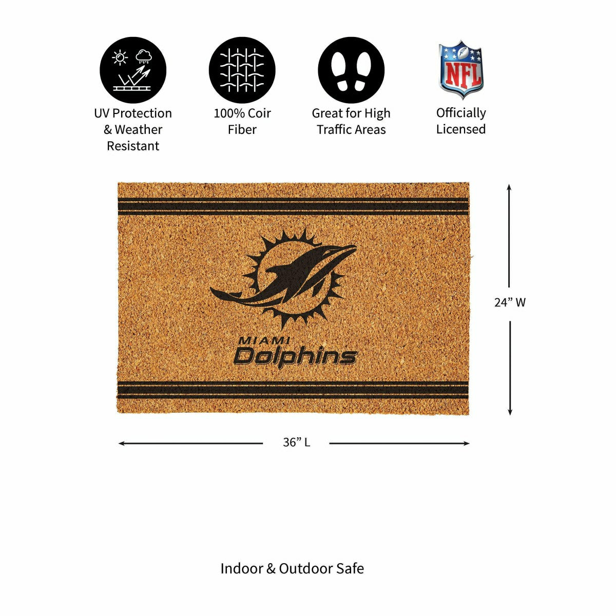 Miami Dolphins Large One Color Coir Mat, 36"x24", NFL