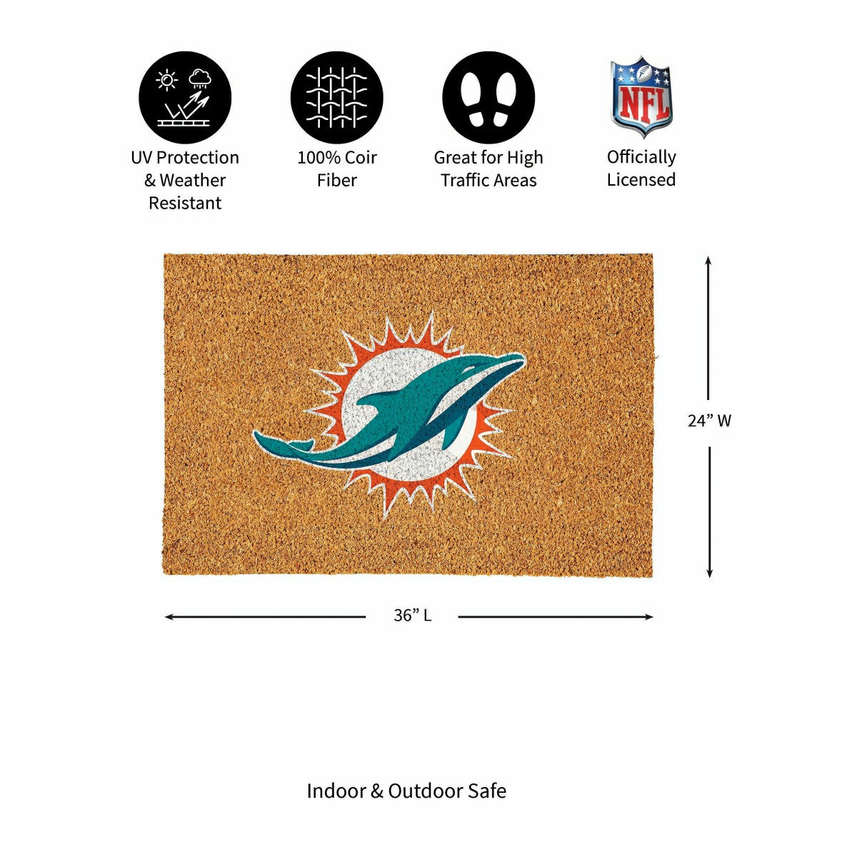 Miami Dolphins Large Full Color Coir Mat, 36"x24", NFL