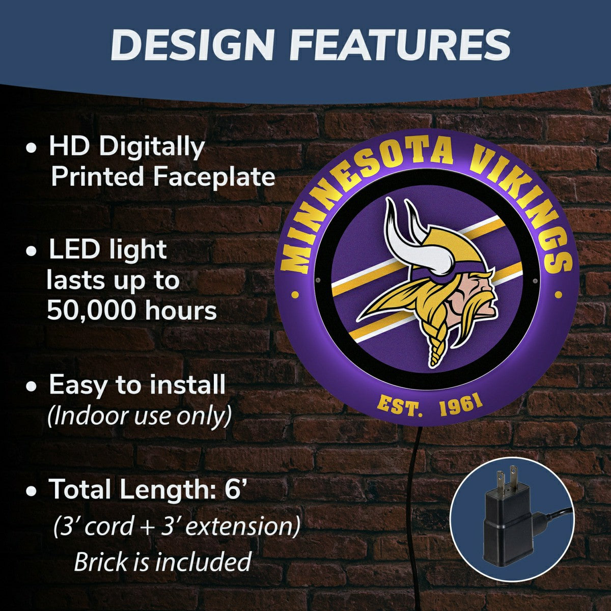 Minnesota Vikings, Metal Lite, Round, NFL
