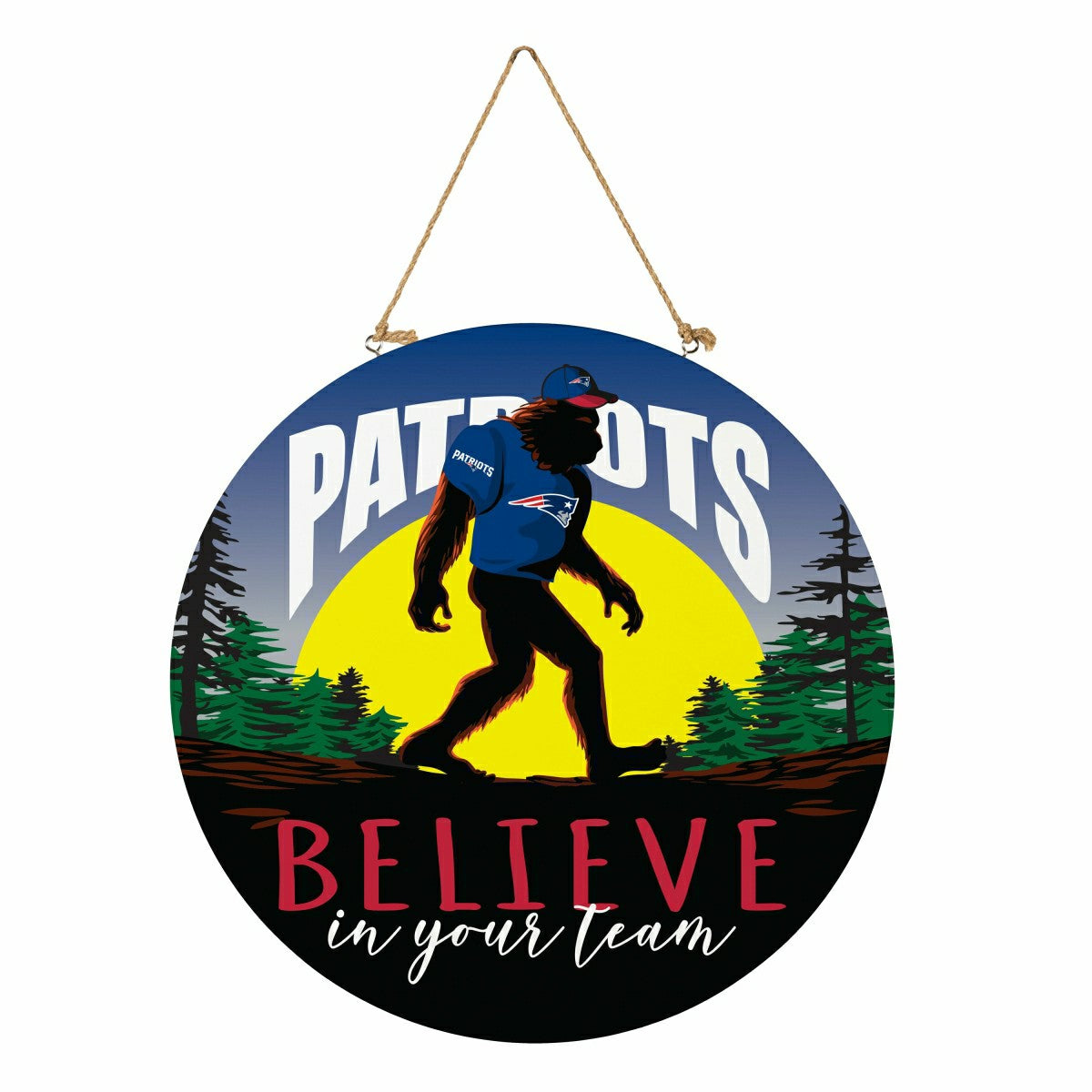 New England Patriots Bigfoot Round Door Décor with Hanging Rope, 18x18, NFL, Home