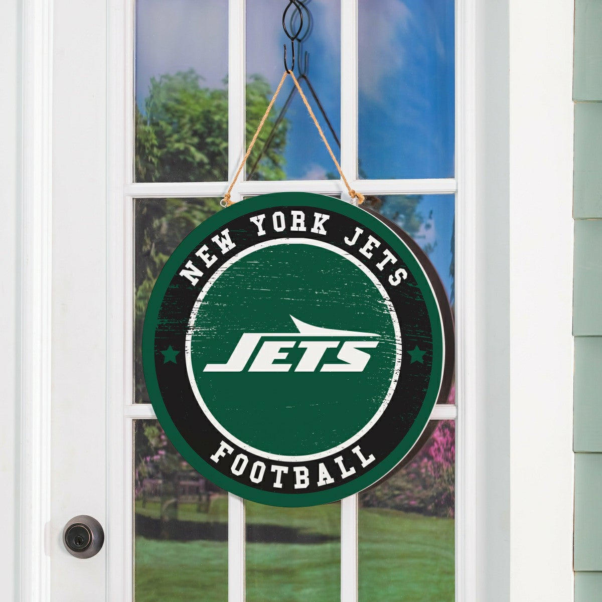 New York Jets Round Door Décor with Hanging Rope, 18x18, NFL, Home