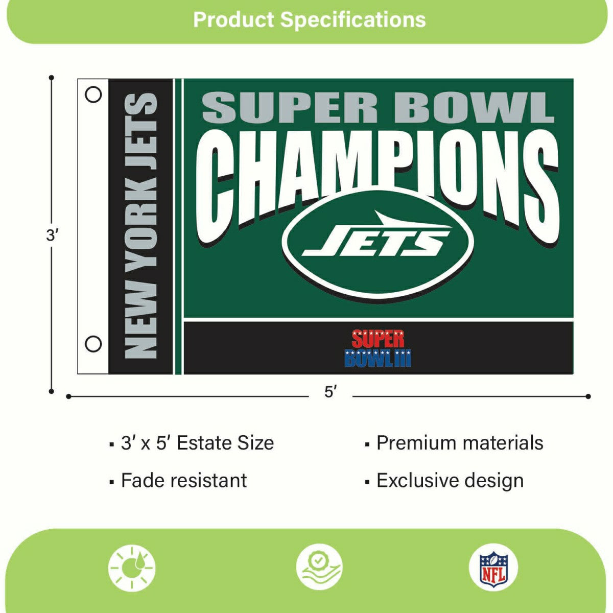 New York Jets Superbowl III Champions Football 3x5 Flag, NFL, Home