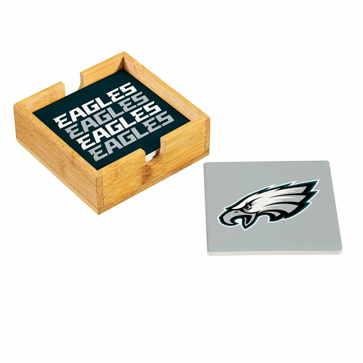 Philadelphia Eagles Ceramic Coasters Set, 4pcs with Wood Caddy, NFL