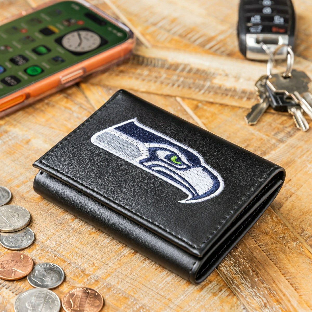 Seattle Seahawks Black Tri-Fold Embroidered Wallet w/ RFID Blocking, NFL, Home