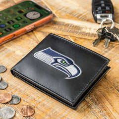 Seattle Seahawks Black Bi-Fold Embroidered Wallet w/ RFID Blocking, NFL, Home