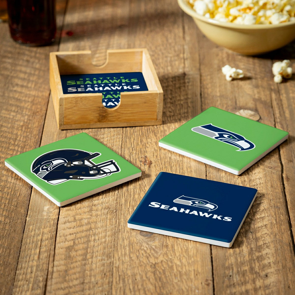 Seattle Seahawks Ceramic Coasters Set, 4pcs with Wood Caddy, NFL