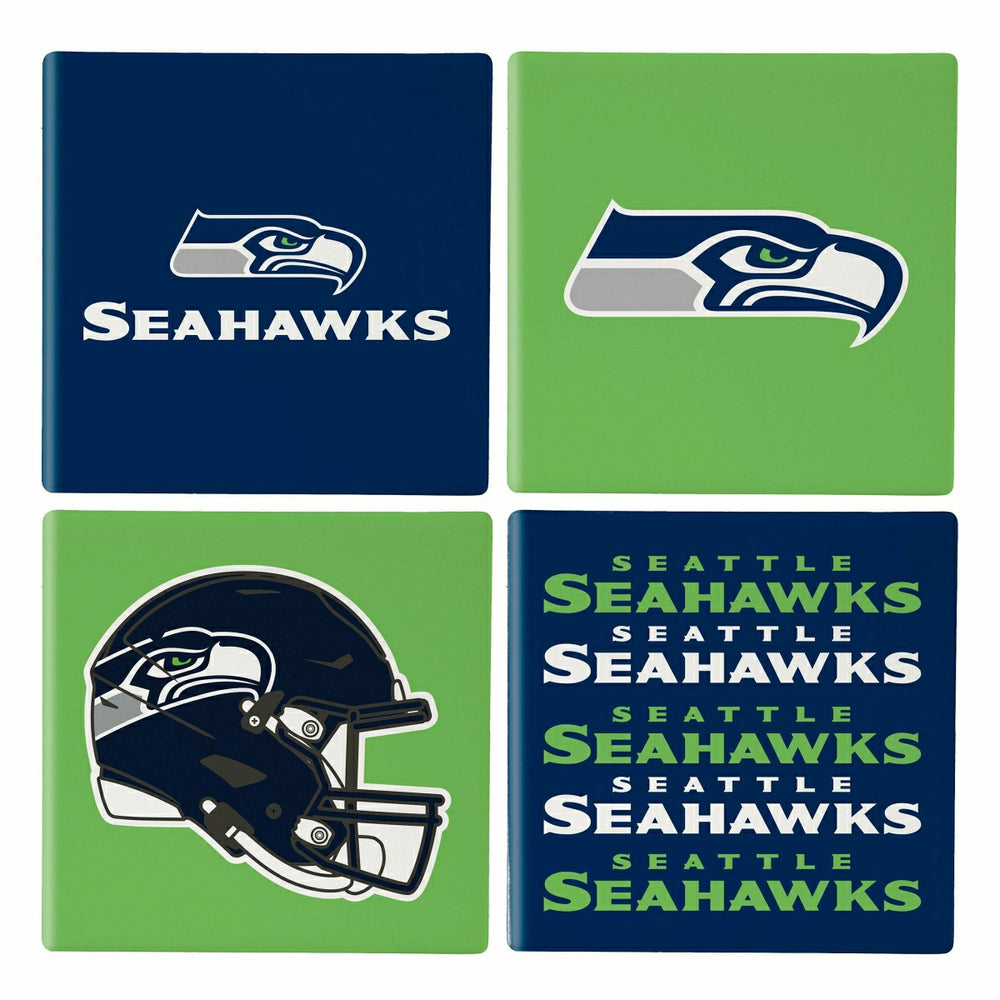 Seattle Seahawks Ceramic Coasters Set, 4pcs with Wood Caddy, NFL