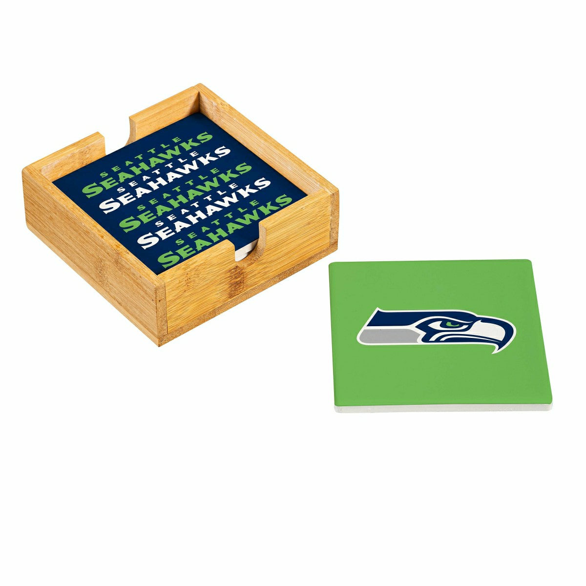Seattle Seahawks Ceramic Coasters Set, 4pcs with Wood Caddy, NFL