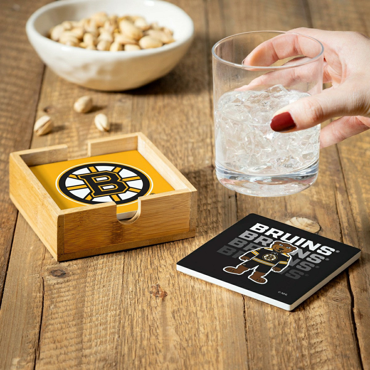 Boston Bruins Ceramic Coasters Set, 4pcs with Wood Caddy, NHL, Home