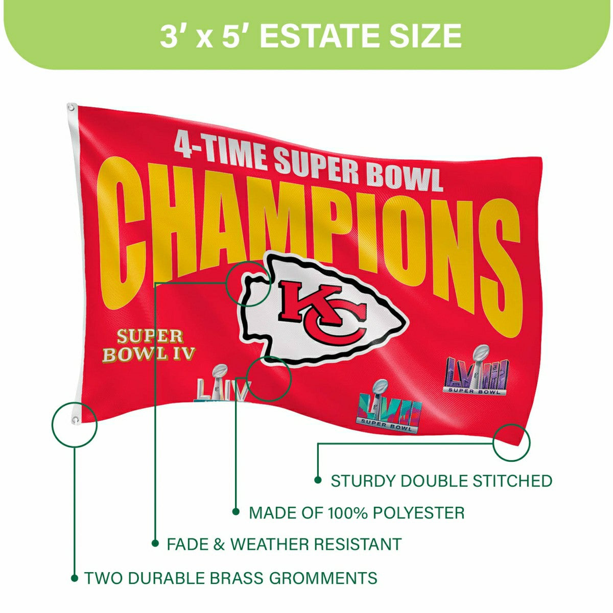 Kansas City Chiefs Multi-Win Superbowl Champions Football 3x5 Flag, Home