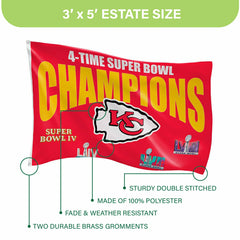 Kansas City Chiefs Multi-Win Superbowl Champions Football 3x5 Flag, Home