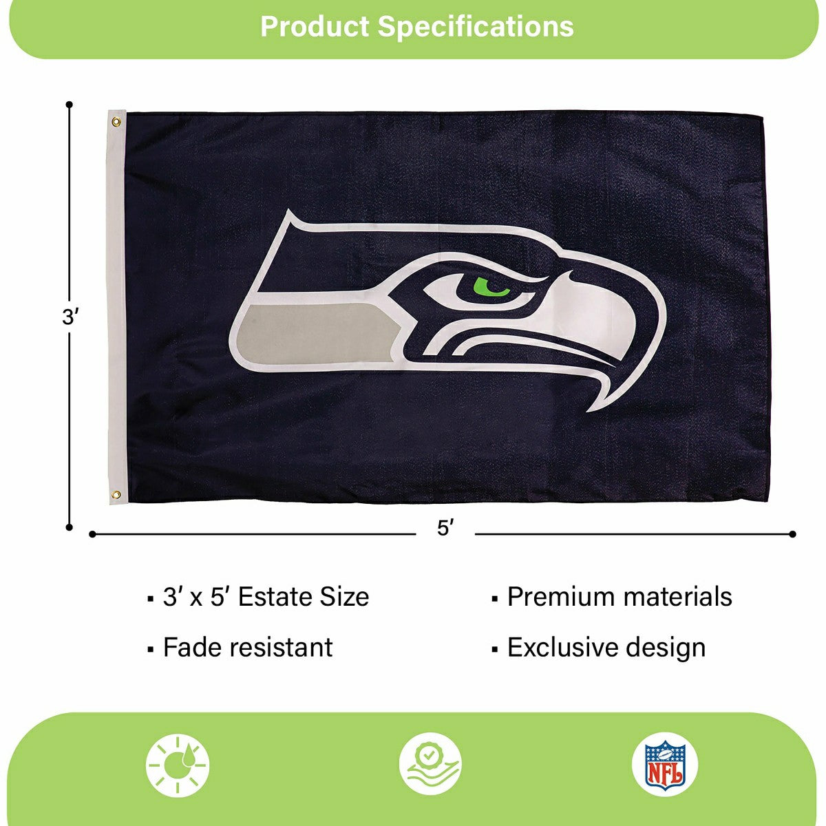 Seattle Seahawks Single Sided Estate Flag with 2 Grommets, 3'x5', Home, NFL