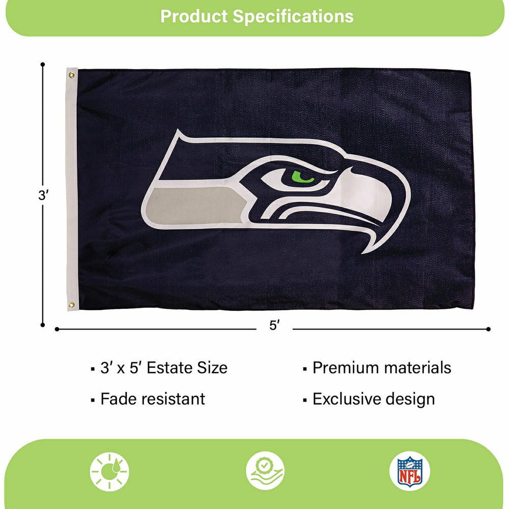 Seattle Seahawks Single Sided Estate Flag with 2 Grommets, 3'x5', Home, NFL