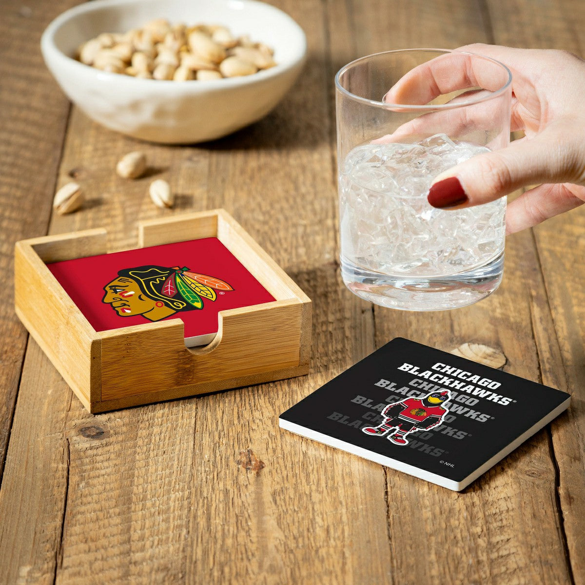 Chicago Blackhawks Ceramic Coasters Set, 4pcs with Wood Caddy, NHL, Home