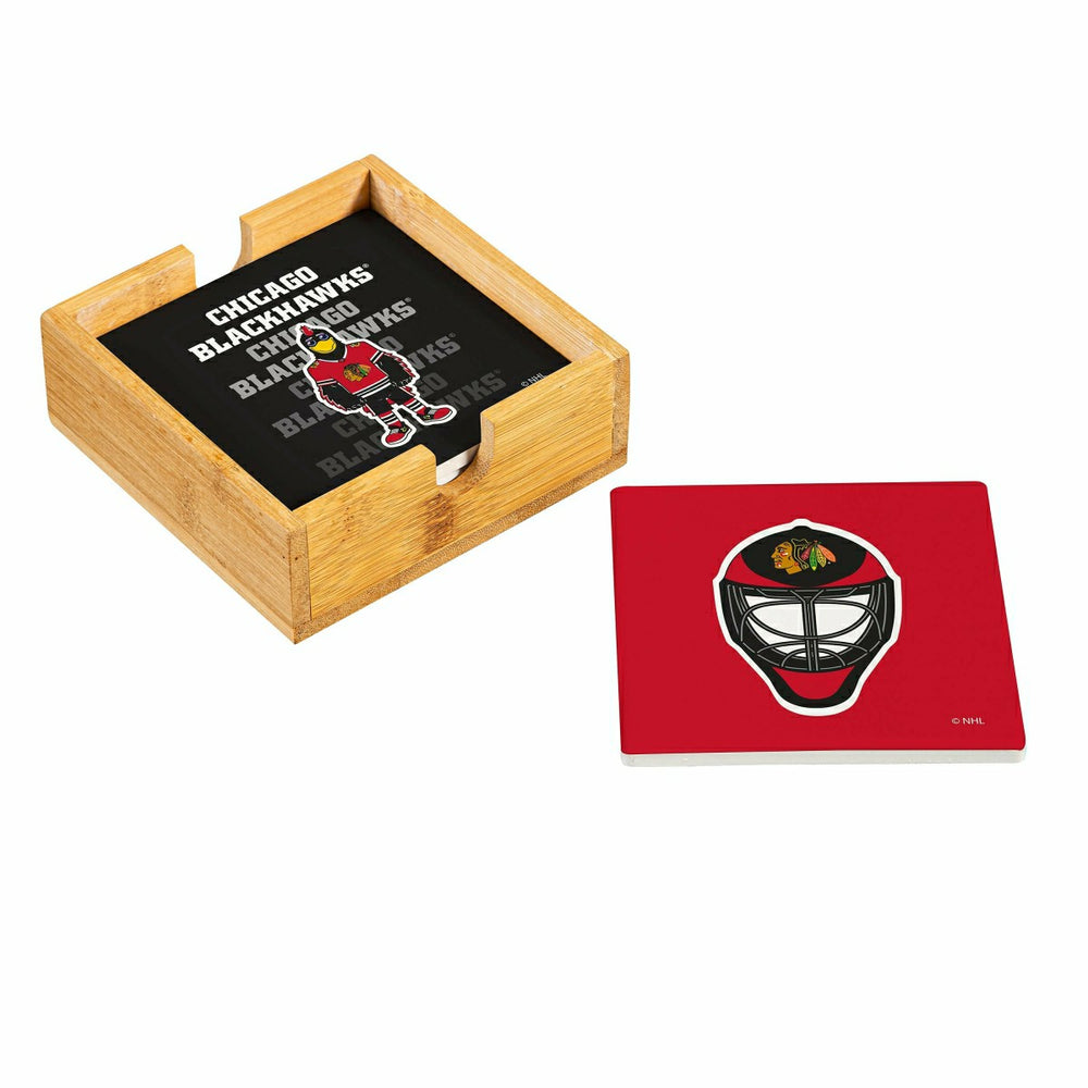 Chicago Blackhawks Ceramic Coasters Set, 4pcs with Wood Caddy, NHL, Home