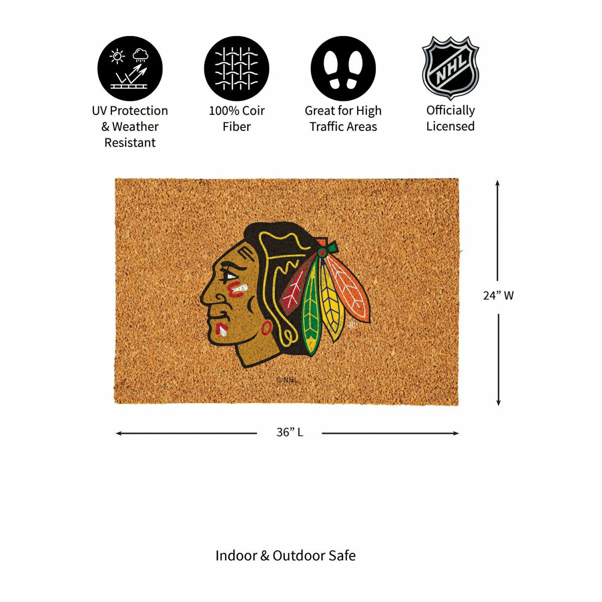 Chicago Blackhawks Large Full Color Coir Mat, 36"x24", NHL