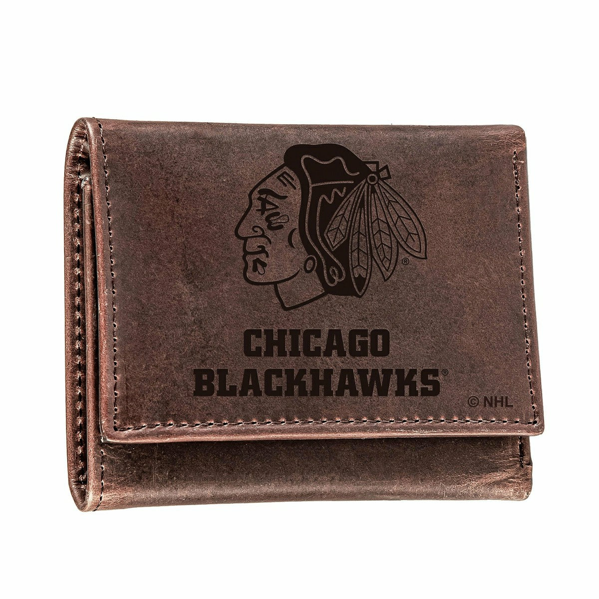 Chicago Blackhawks, Tri-Fold Wallet, Brown, CH, 100% Genuine Leather, NHL, Home