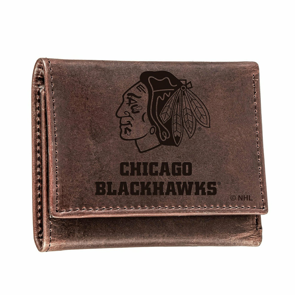 Chicago Blackhawks, Tri-Fold Wallet, Brown, CH, 100% Genuine Leather, NHL, Home