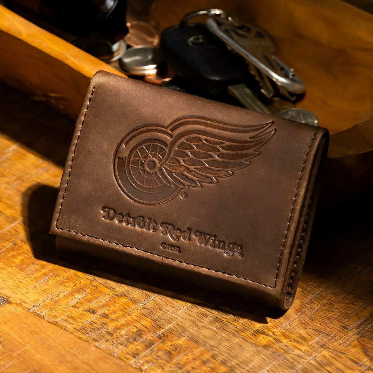 Detroit Red Wings, Tri-Fold Wallet, Brown, CH, 100% Genuine Leather, NHL, Home