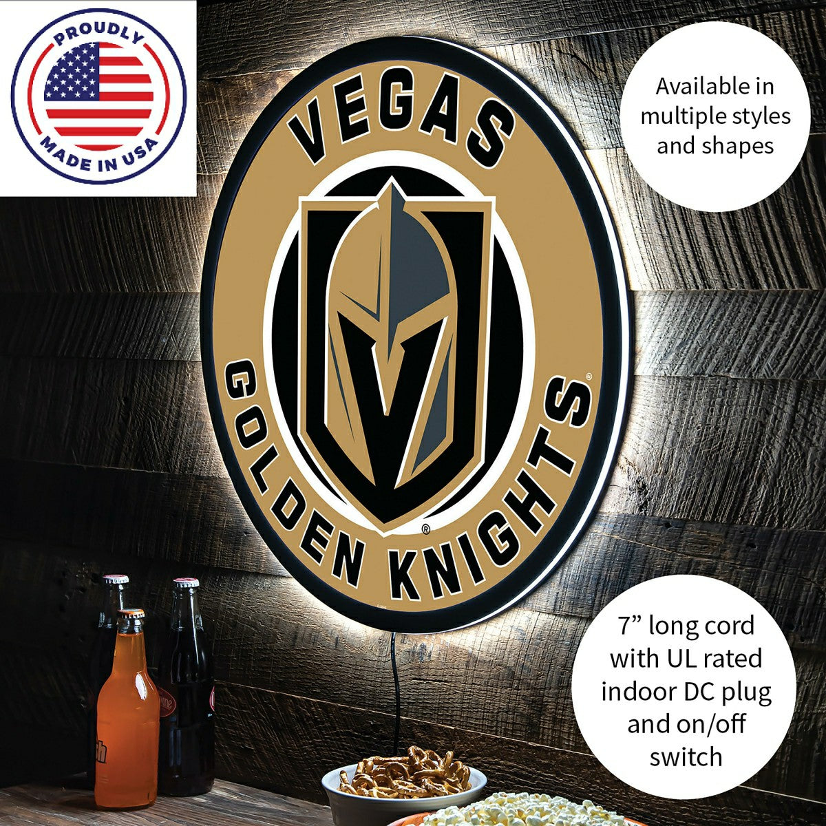 LED Wall Decor, Round, Las Vegas Golden Knights, NHL, Home