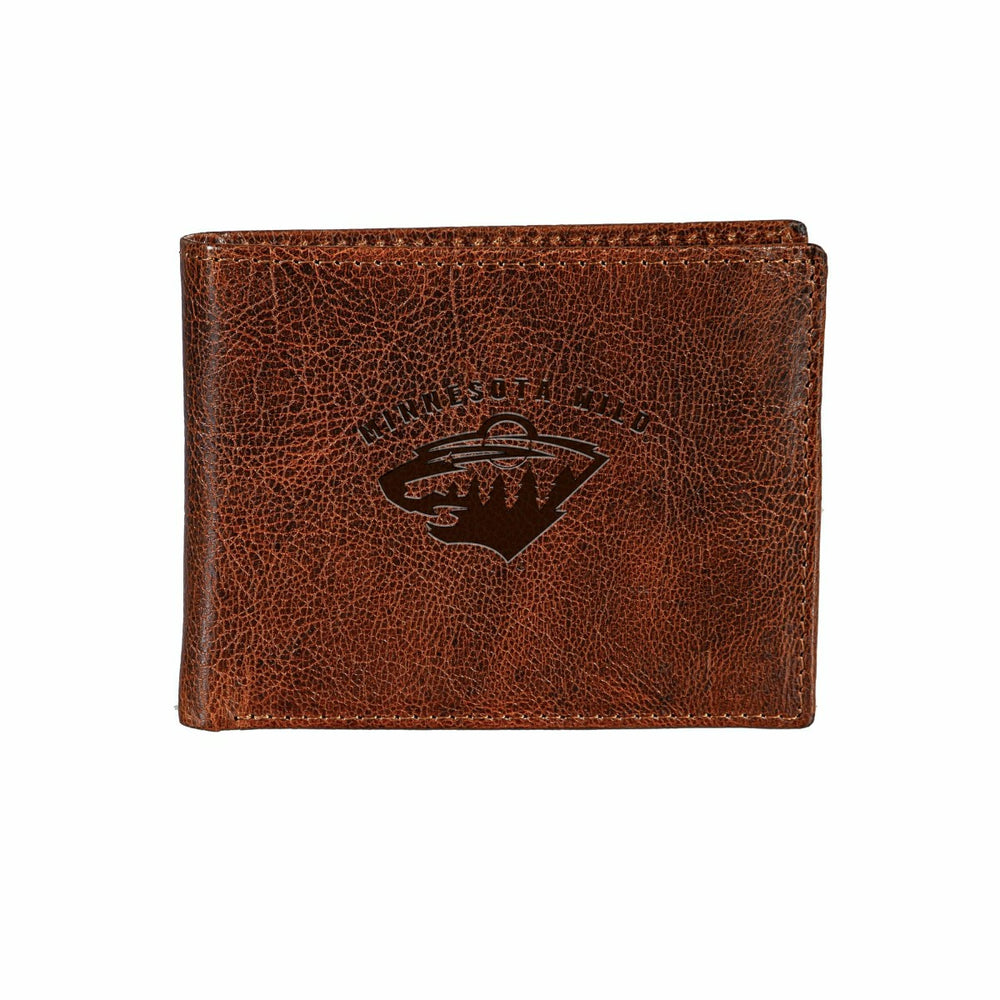 Minnesota Wild, Embossed 100% Genuine Tumbled Leather Passcase Bi-Fold, NHL, Home