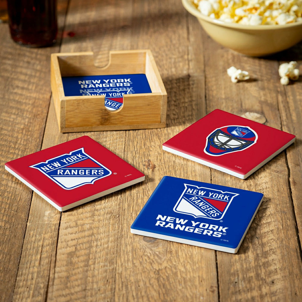 New York Rangers Ceramic Coasters Set, 4pcs with Wood Caddy, NHL, Home