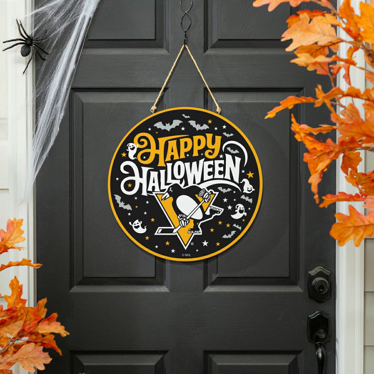 Pittsburgh Penguins Halloween Round Door Décor with Hanging Rope, 18x1, NHL, Home