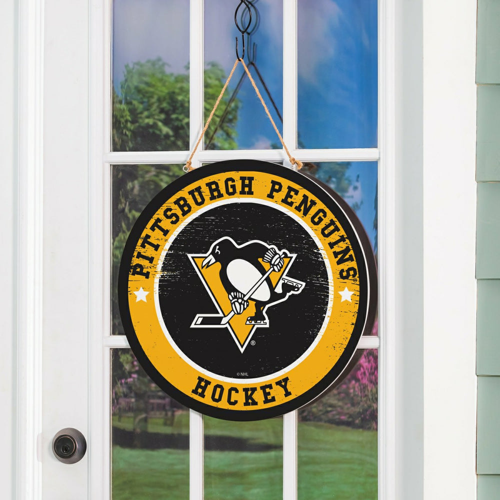 Pittsburgh Penguins Round Door Décor with Hanging Rope, 18x18, NHL, Home