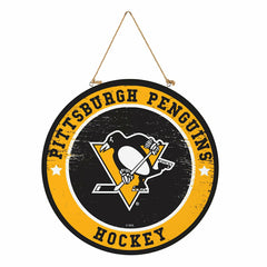 Pittsburgh Penguins Round Door Décor with Hanging Rope, 18x18, NHL, Home