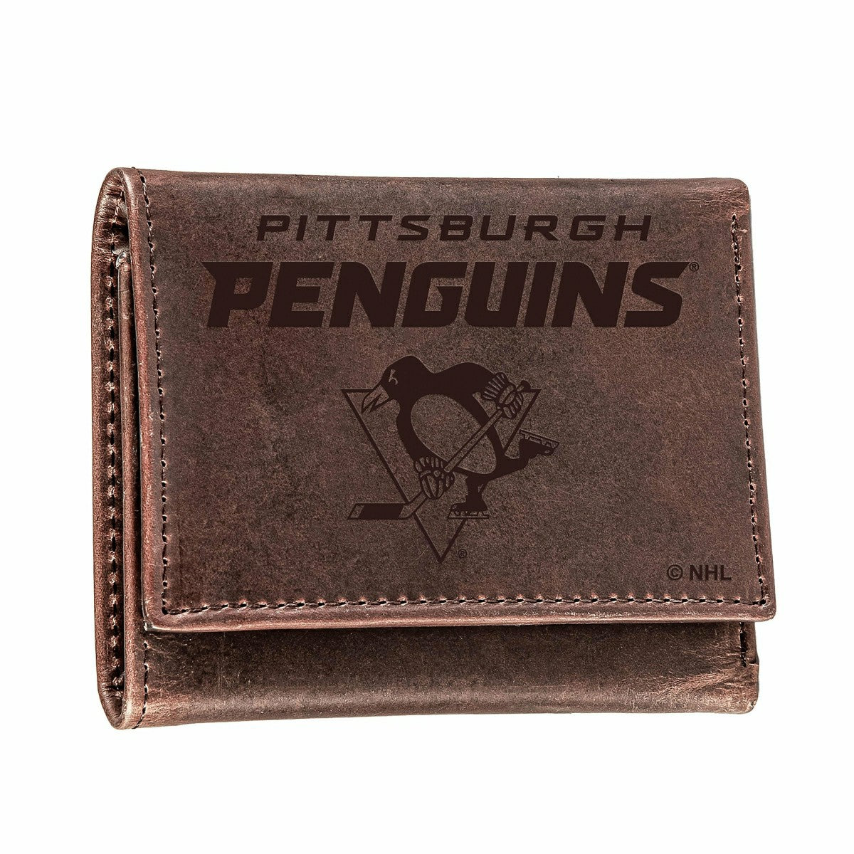 Pittsburgh Penguins, Tri-Fold Wallet, Brown, CH, 100% Genuine Leather, NHL, Home