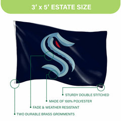Seattle Kraken Single Sided Flag w/ 2 Grommets, 3'x5', NHL, Home