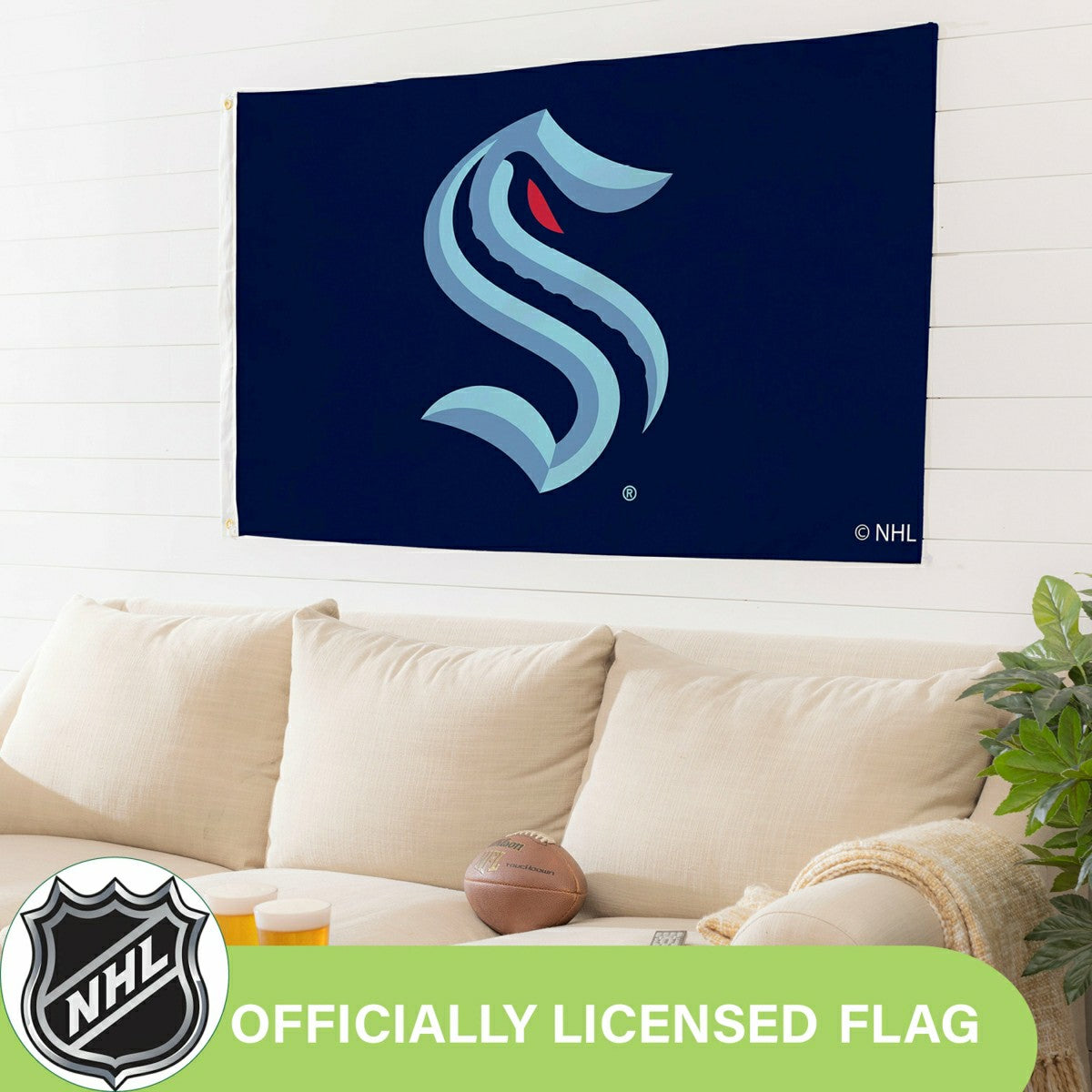 Seattle Kraken Single Sided Flag w/ 2 Grommets, 3'x5', NHL, Home