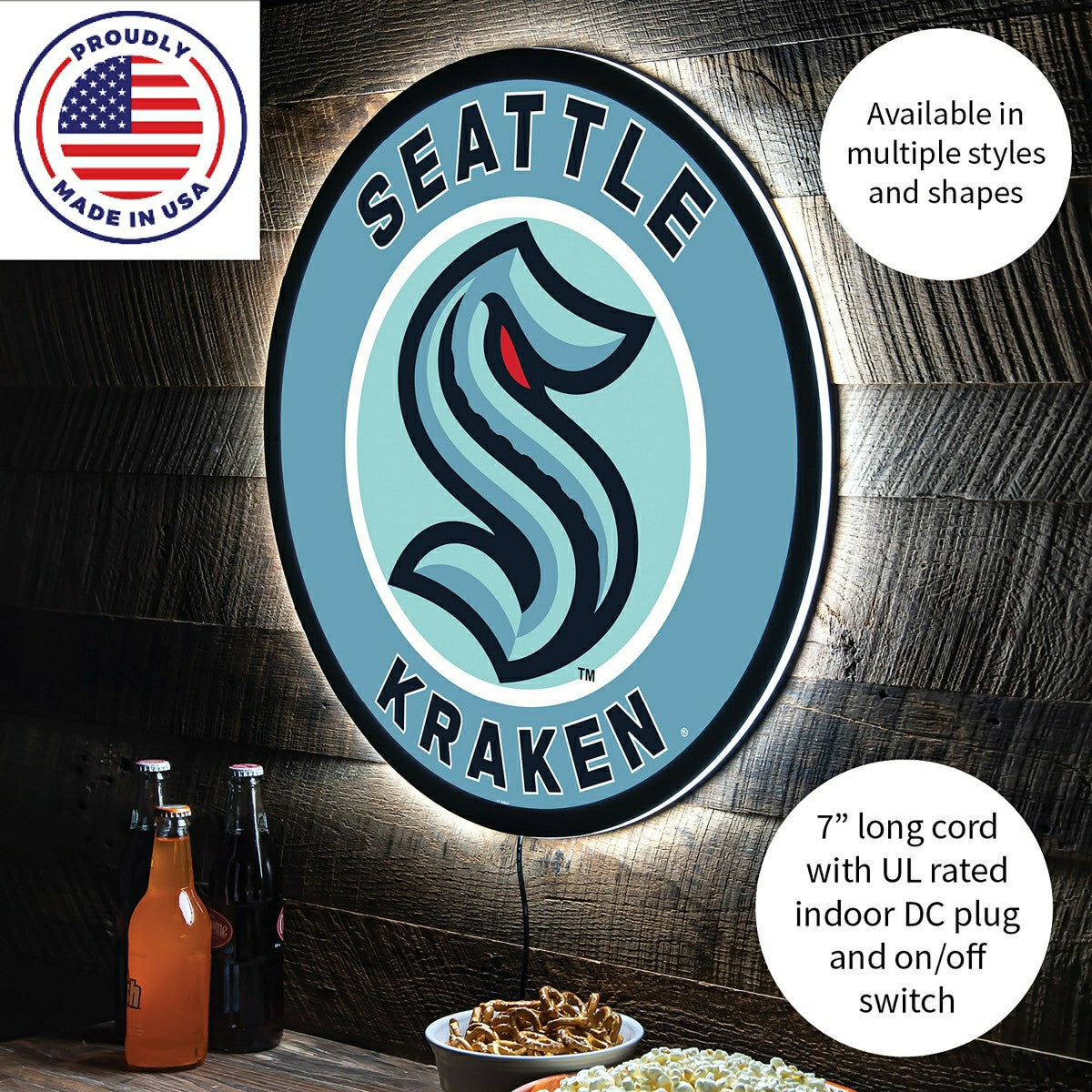 LED Wall Decor, Round, Seattle Kraken, NHL, Home