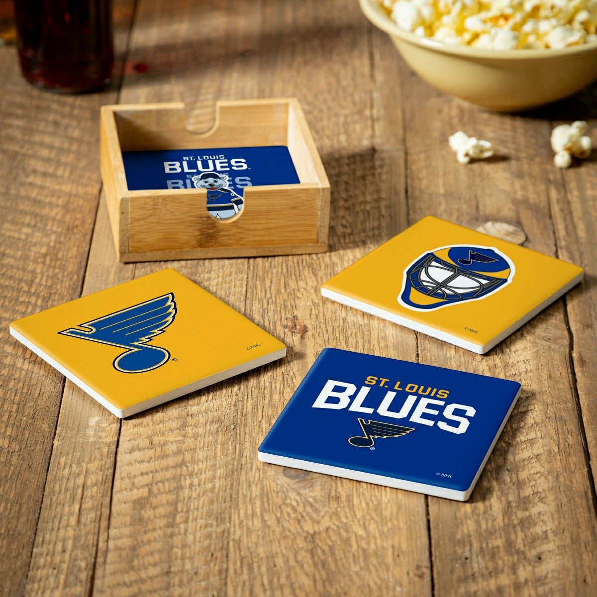St Louis Blues Ceramic Coasters Set, 4pcs with Wood Caddy, NHL, Home