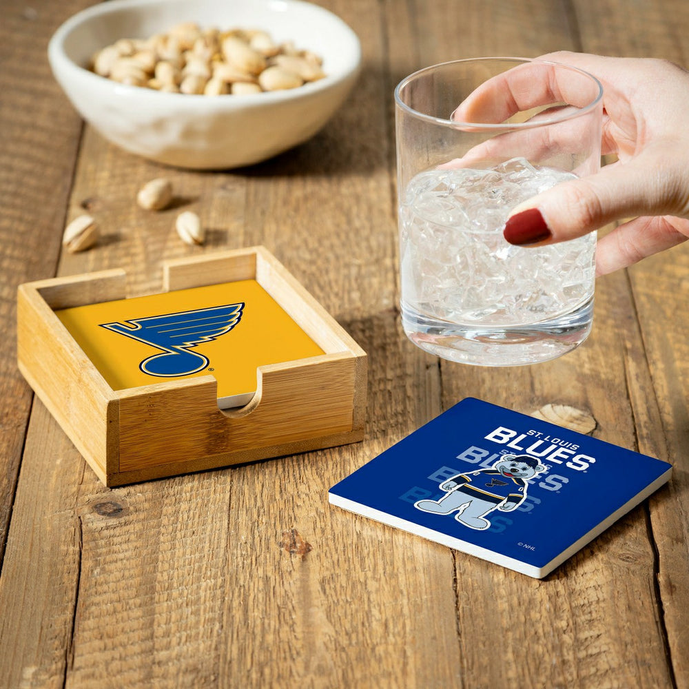 St Louis Blues Ceramic Coasters Set, 4pcs with Wood Caddy, NHL, Home