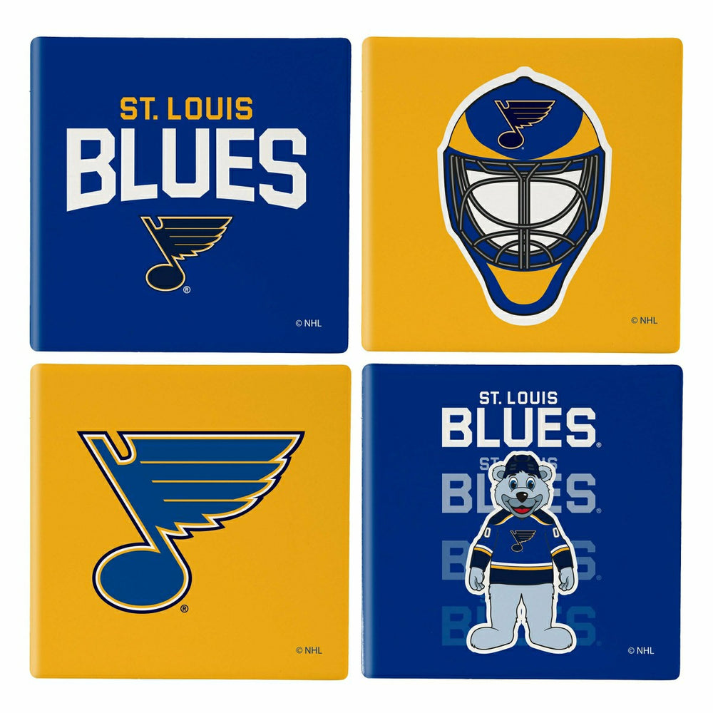St Louis Blues Ceramic Coasters Set, 4pcs with Wood Caddy, NHL, Home