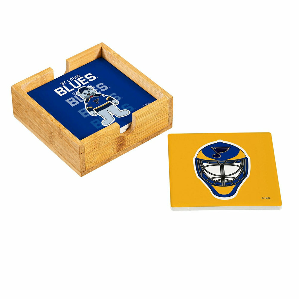 St Louis Blues Ceramic Coasters Set, 4pcs with Wood Caddy, NHL, Home