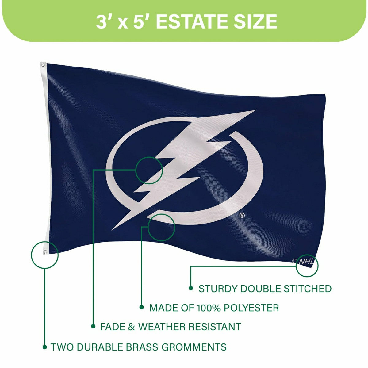 Tampa Bay Lightning Single Sided Flag with 2 Grommets, 3'x5', NHL, Home
