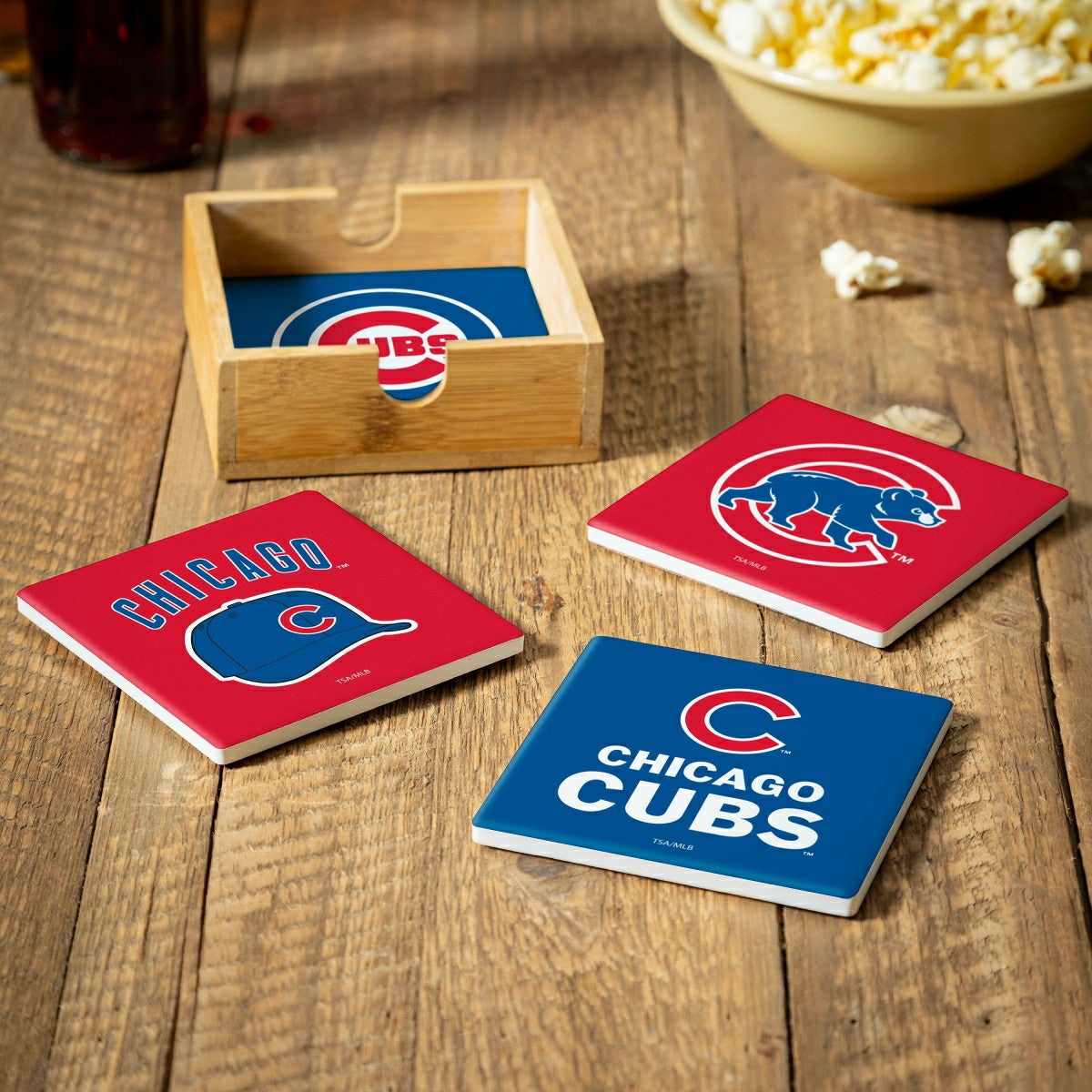 Chicago Cubs Ceramic Coasters Set, 4pcs with Wood Caddy, MLB, Home