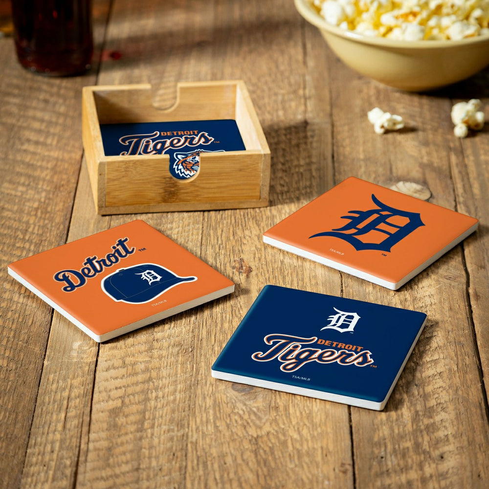 Detroit Tigers Ceramic Coasters Set, 4pcs with Wood Caddy, MLB, Home