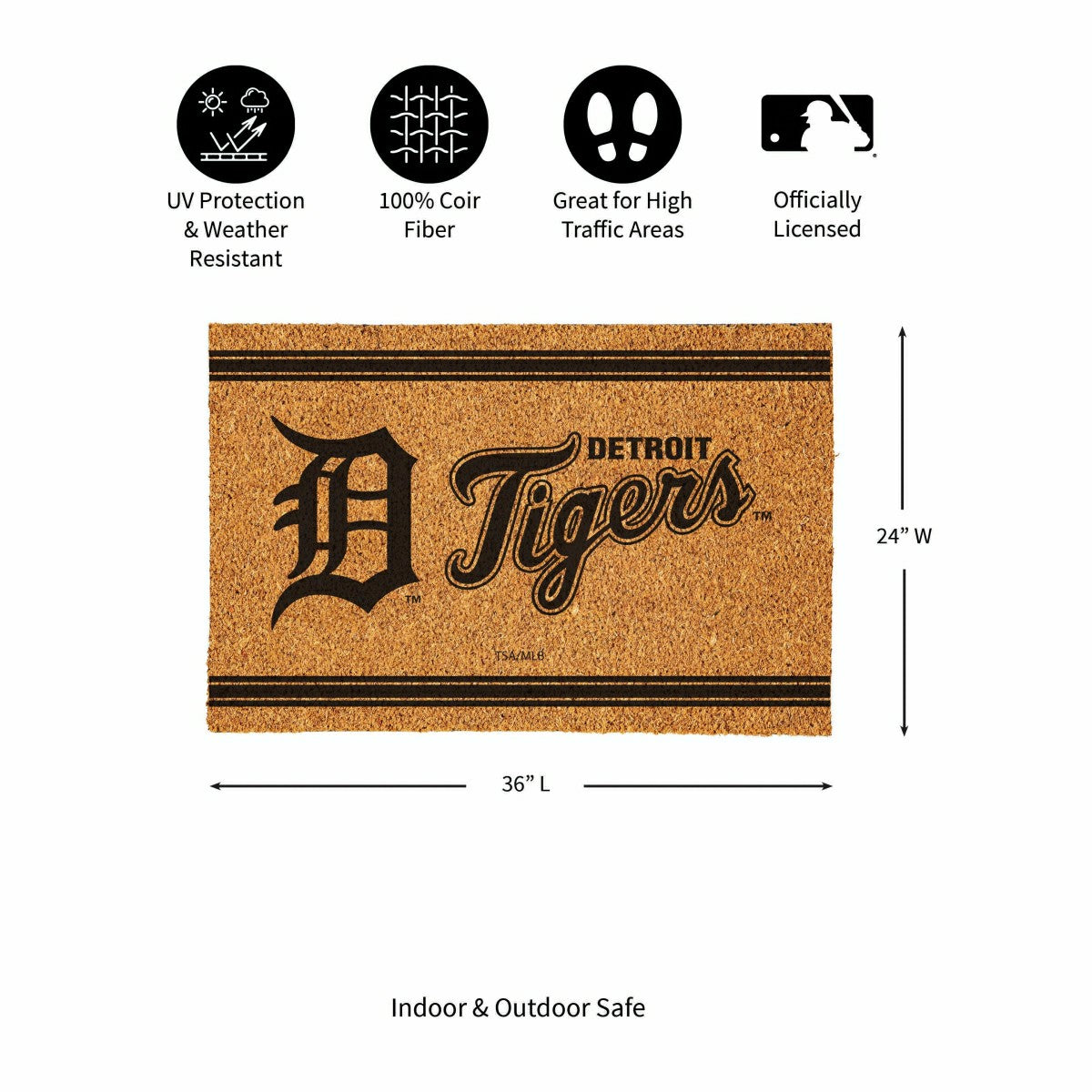Detroit Tigers Large One Color Coir Mat, 36"x24", MLB