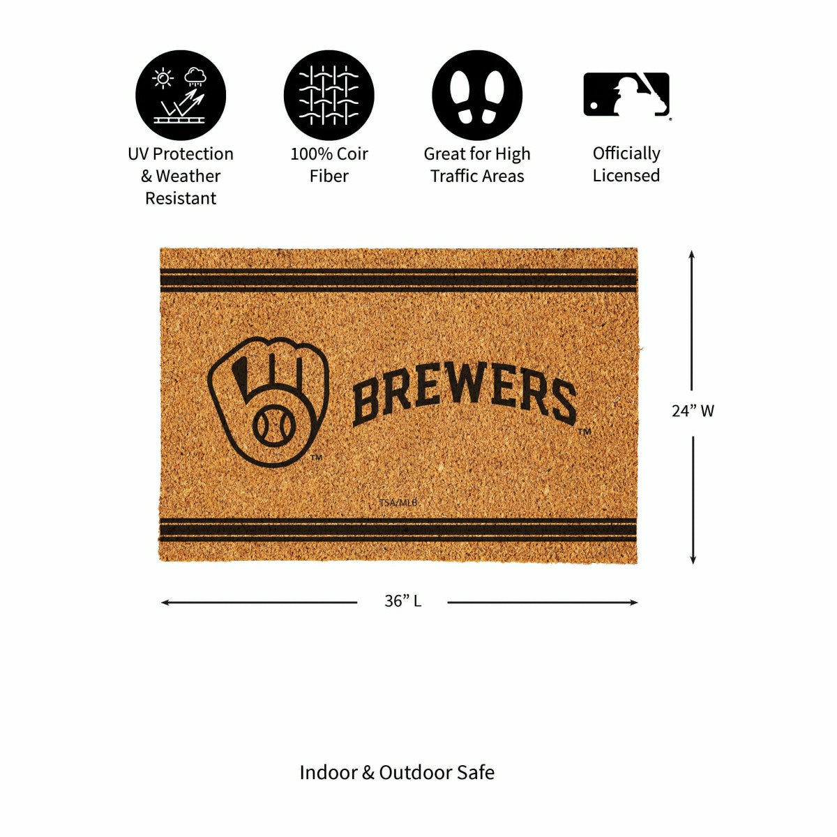 Milwaukee Brewers Large One Color Coir Mat, 36"x24", MLB